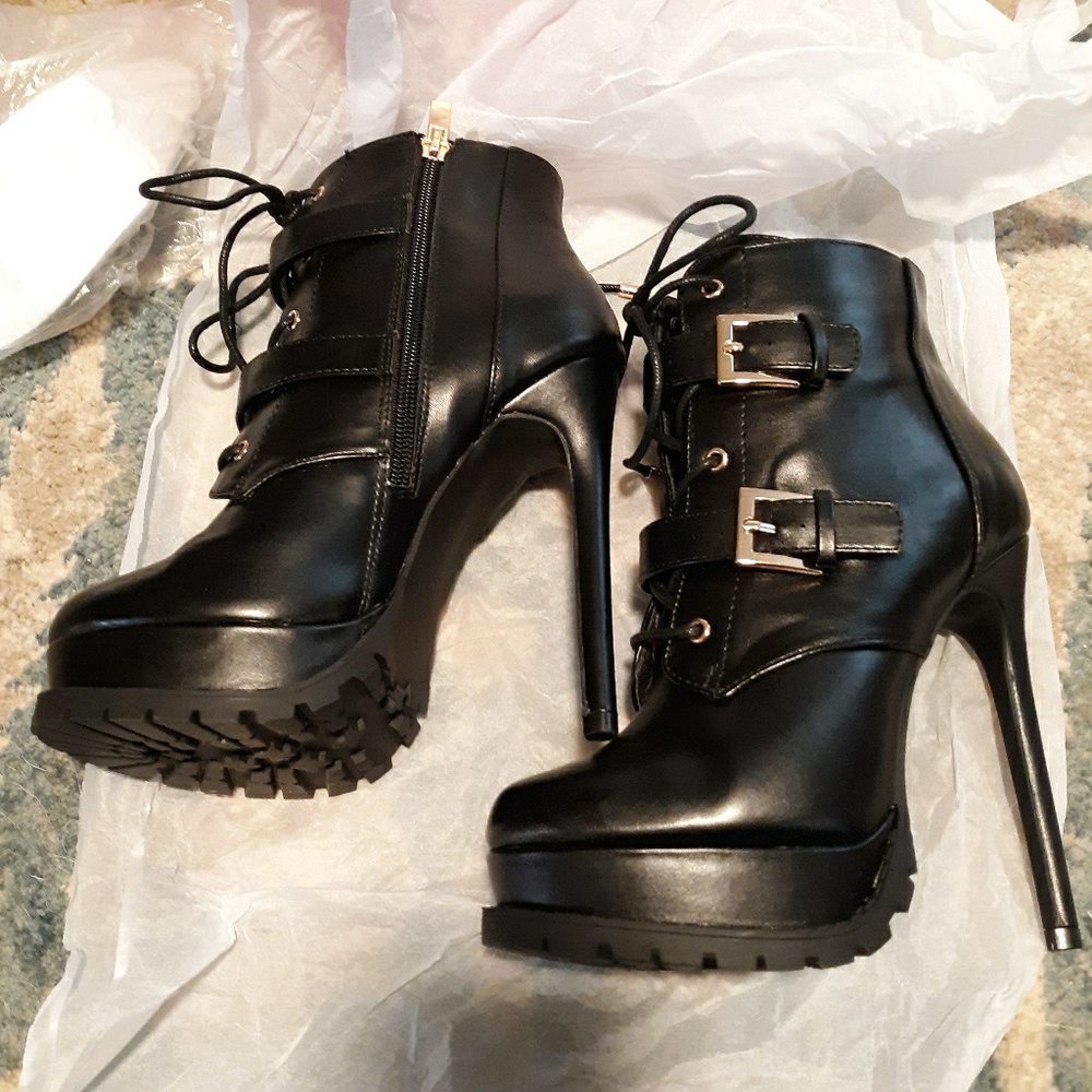 Platform Stiletto Booties Lace Up w/ Buckles